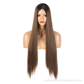 Aisi Hair 30 Inch Long Silky Straight Ombre Brown Dark Root Swiss Lace Wig Cheap Synthetic Hair Lace Front Wigs For Black Women